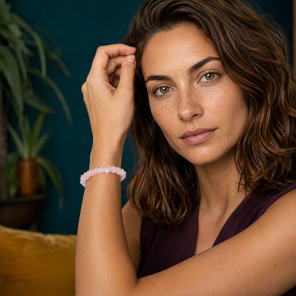 Bracelet en quartz rose porté avec un haut prune sans manches dans une scène de vie