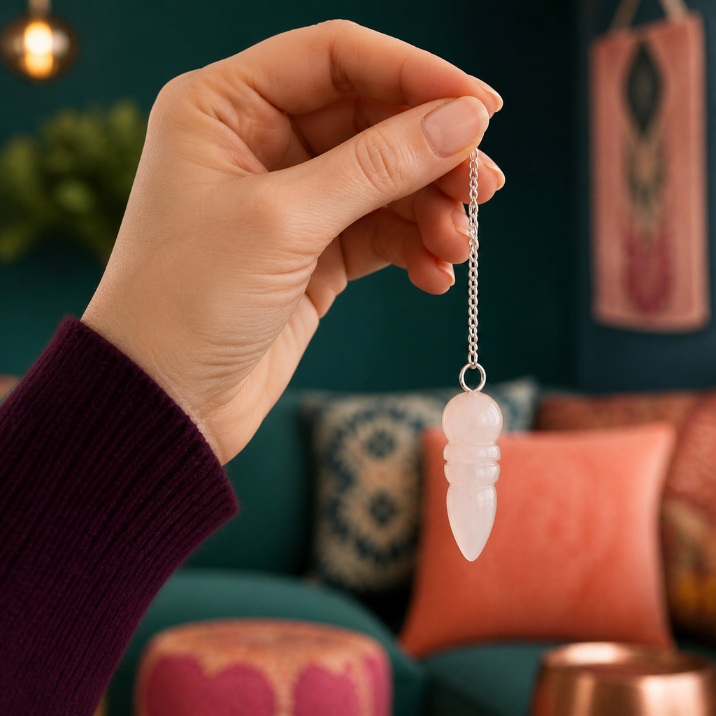 Pendule égyptien en quartz rose du Brésil dans un contexte vivant et contrasté