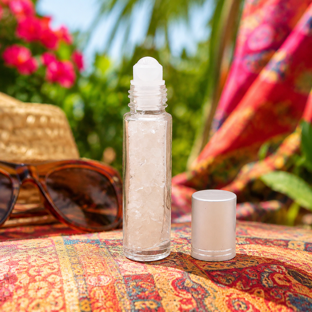 Flacon roll-on en cristal de roche dans une scène colorée et végétalisée
