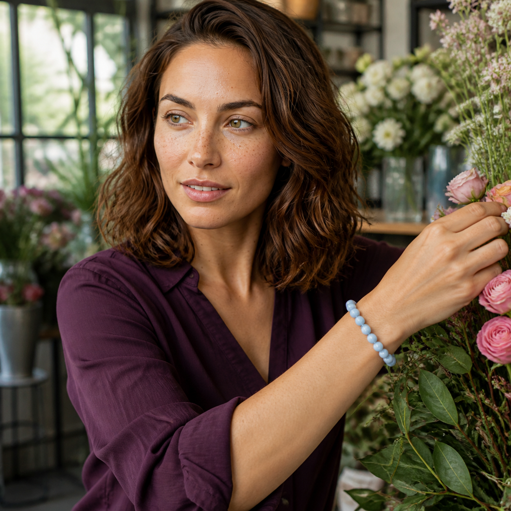 Chloé portant le bracelet dans une scène de vie contrastée
