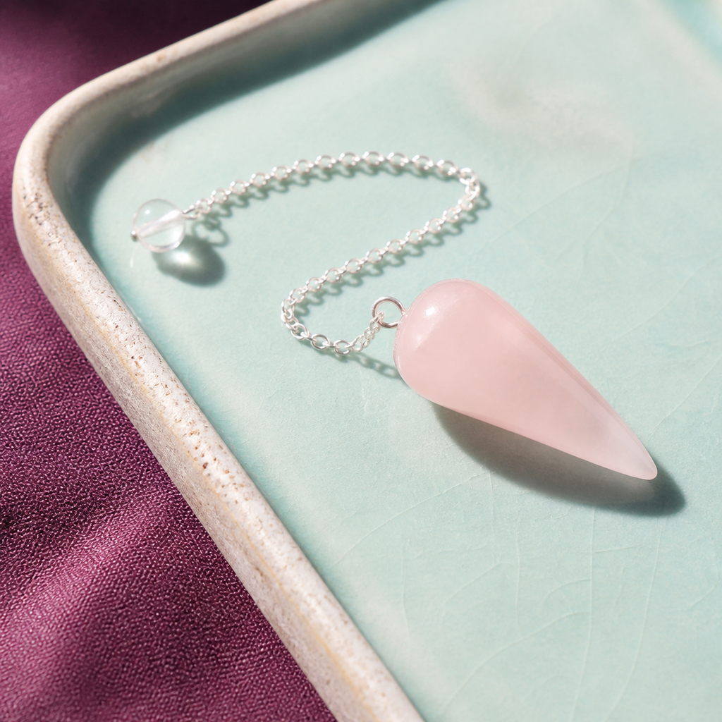 Pendule conique en quartz rose du Brésil, vue en lumière naturelle