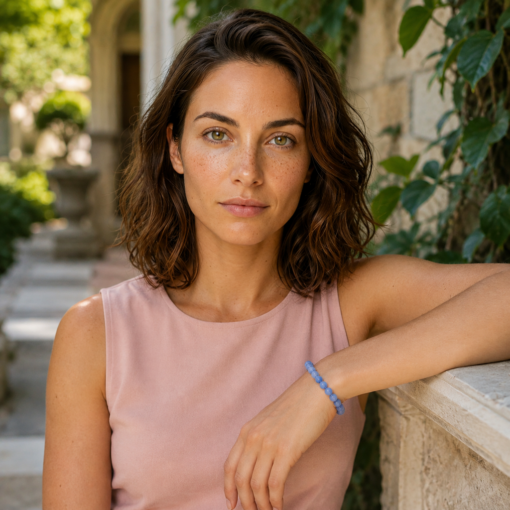 Bracelet en aventurine bleue - Perles de 6 mm porté dans une scène de vie en lumière naturelle