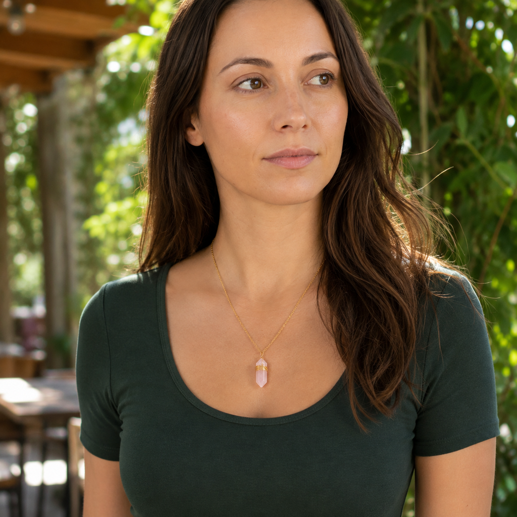 Collier doré en quartz rose porté dans une scène de vie en lumière naturelle
