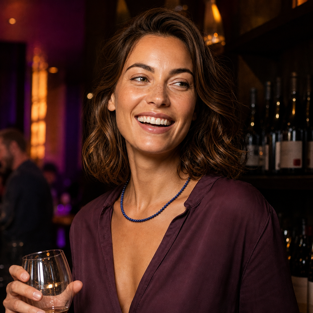 Chloé portant le collier dans une scène de vie contrastée