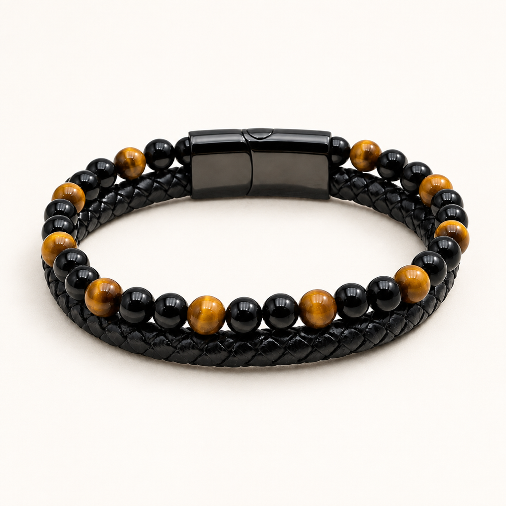 Bracelet Aska noir en oeil de tigre et onyx 6 mm sur fond Nacre MilAura
