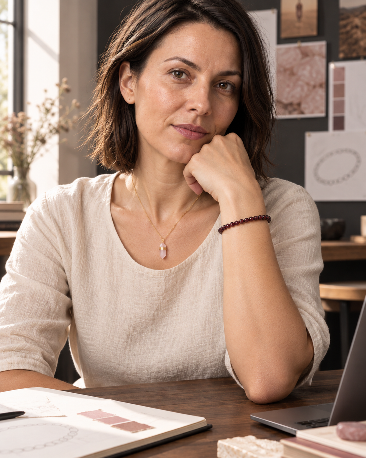 Mise en situation éditoriale du produit : Bracelet facetté en grenat rouge 4 mm