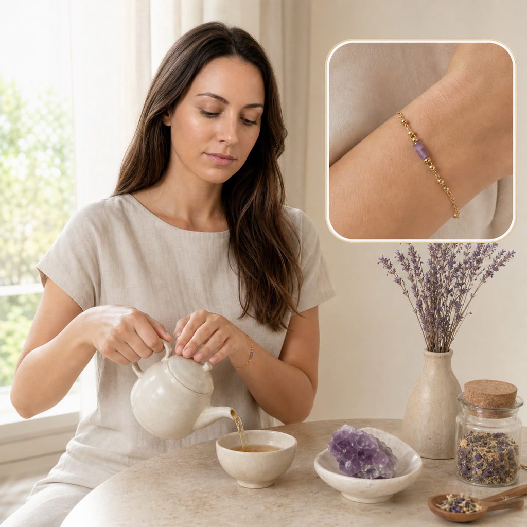 Elena portant le bracelet améthyste avec encart zoom