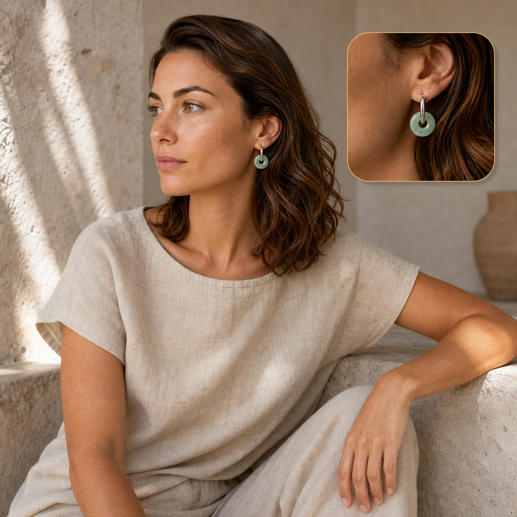 Chloé portant les boucles d'oreilles avec encart zoom