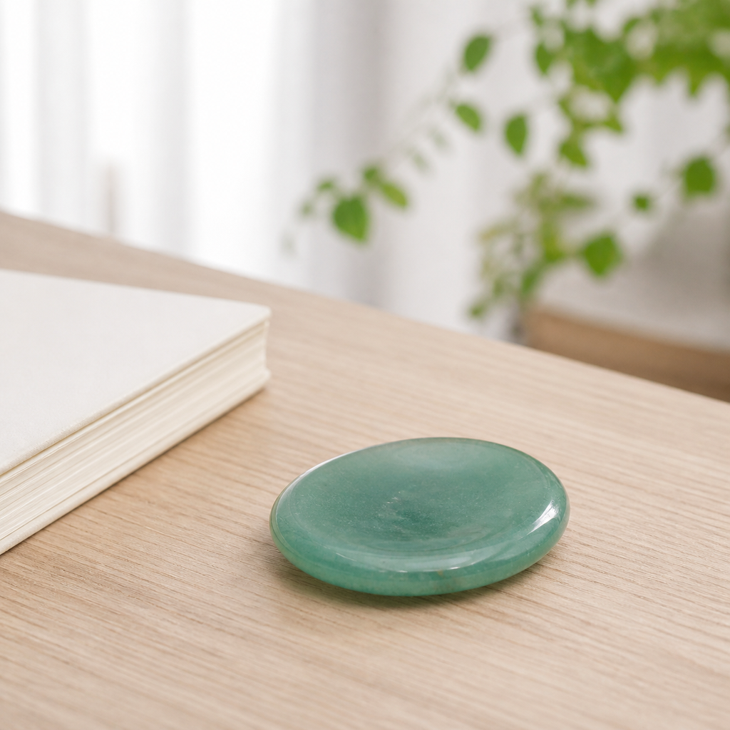 Pierre roulée en aventurine verte - Galet 45 à 50 mm dans un intérieur clair