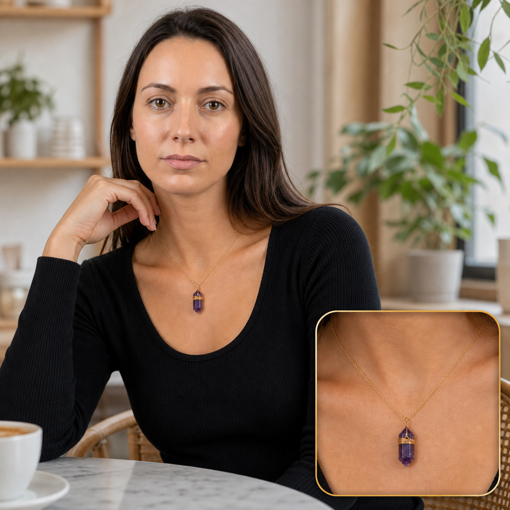 Elena portant le collier avec encart zoom