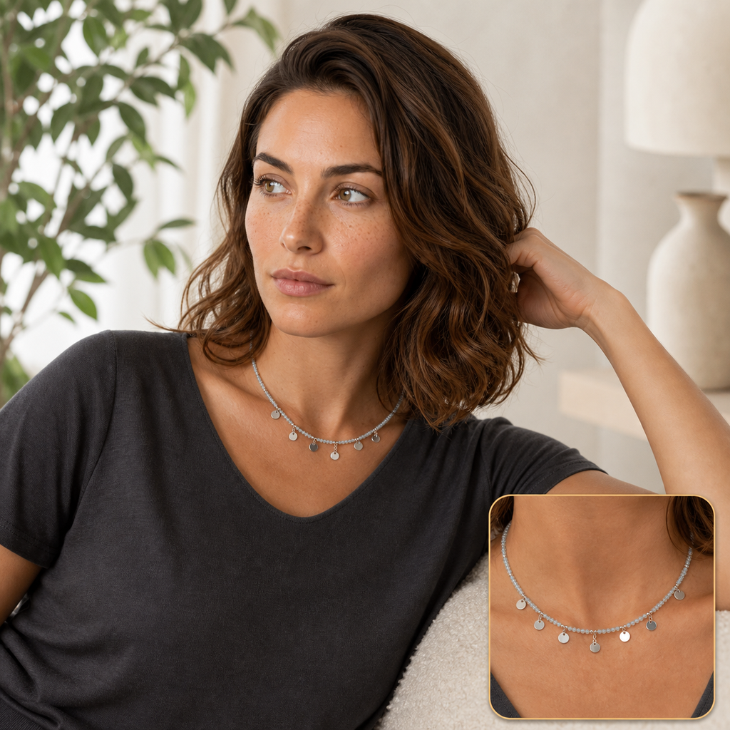 Chloé portant le collier avec encart zoom