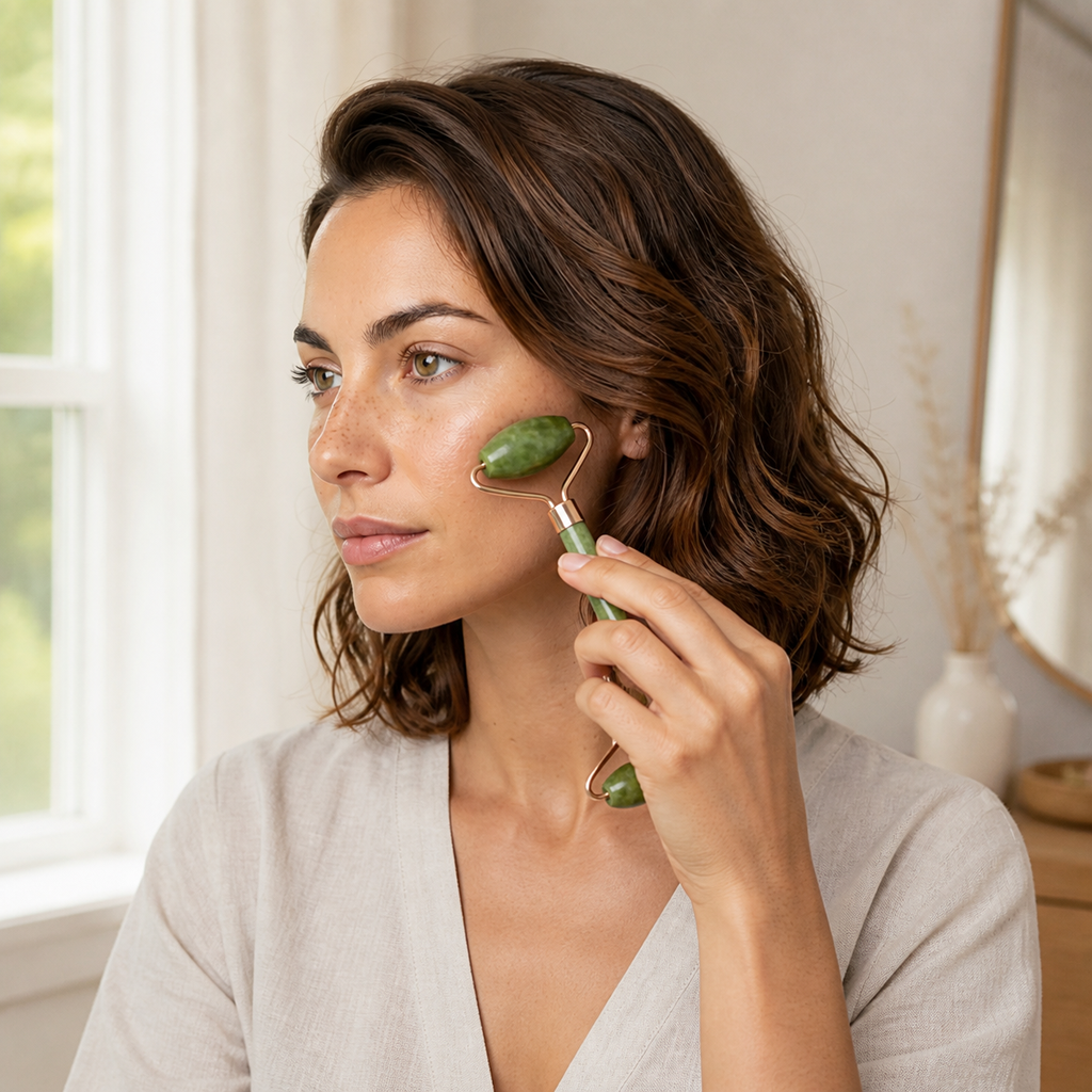 Chloé utilisant le roller jade dans une lumière naturelle