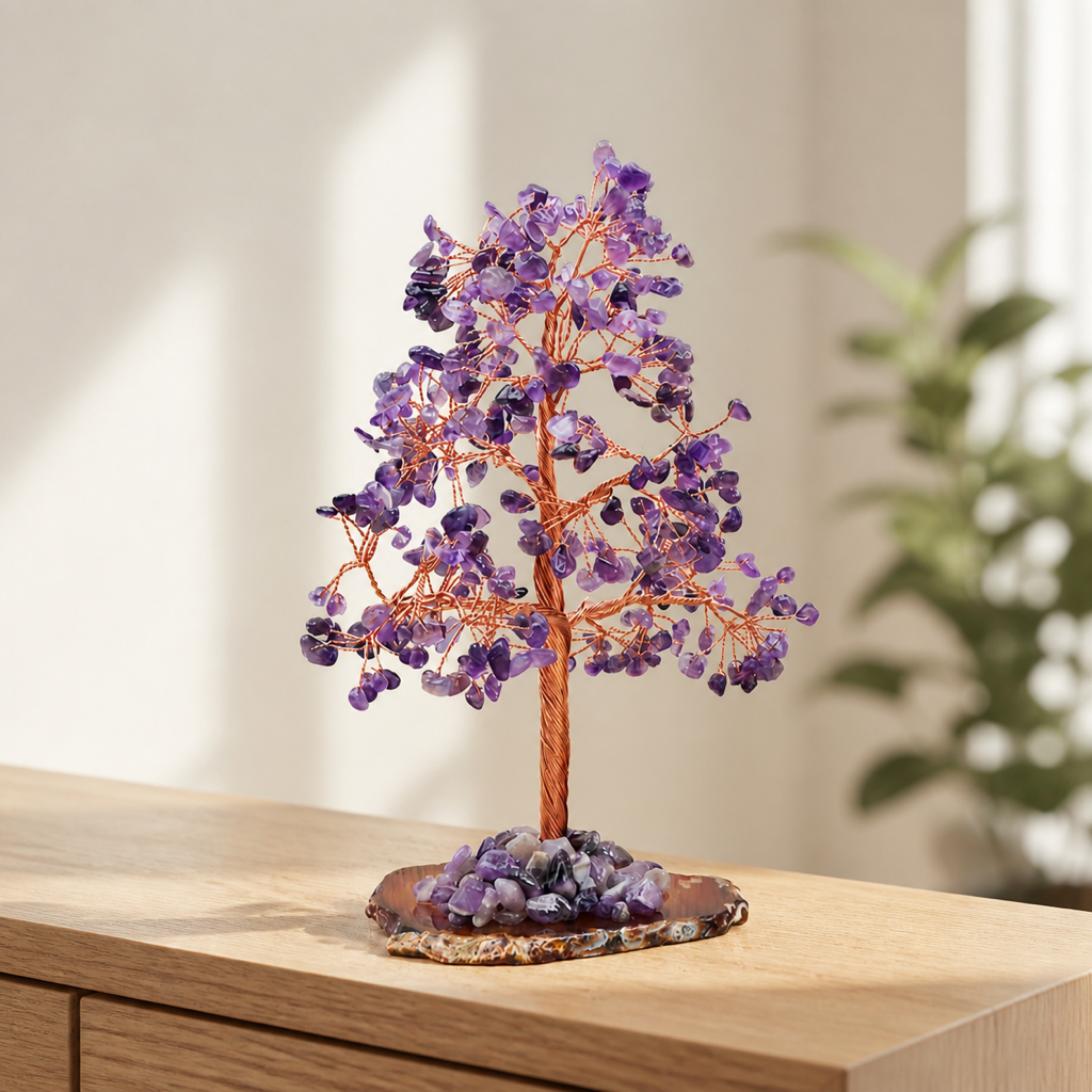 Arbre minéral en améthyste du Brésil - 150 à 200 mm dans un intérieur clair