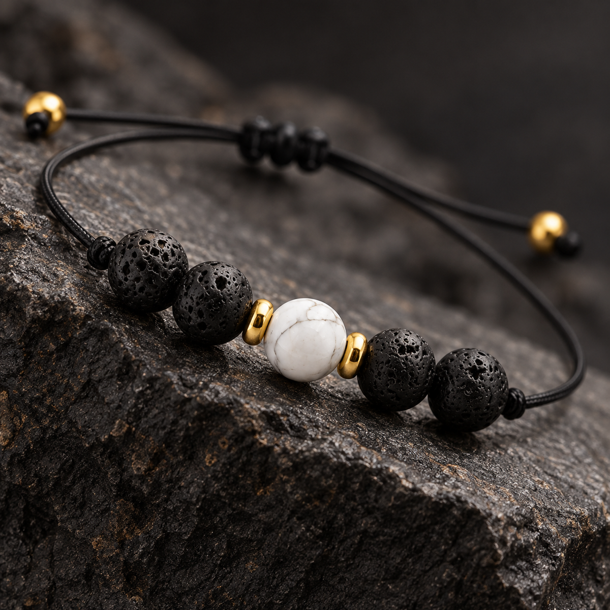 Détail des pierres naturelles et de la finition du bracelet doré en howlite et pierre de lave 6 mm