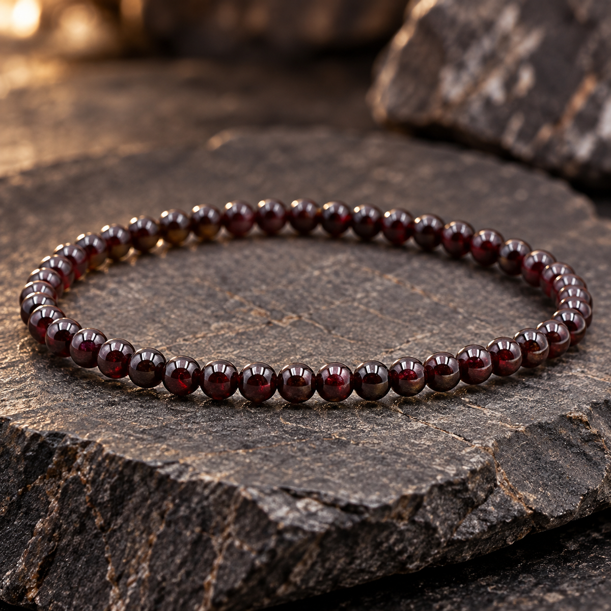Détail des perles naturelles et de la finition de Bracelet en grenat rouge 4 mm