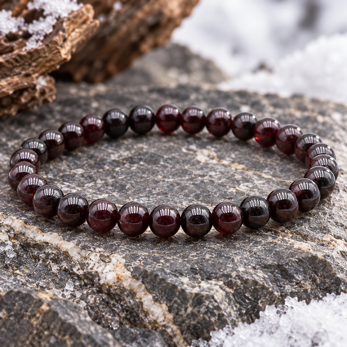 Détail des perles naturelles et de la finition de Bracelet en grenat rouge 6 mm