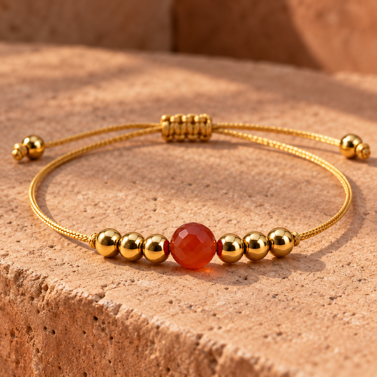 Détail des pierres naturelles et de la finition du bracelet doré en cornaline 6 mm