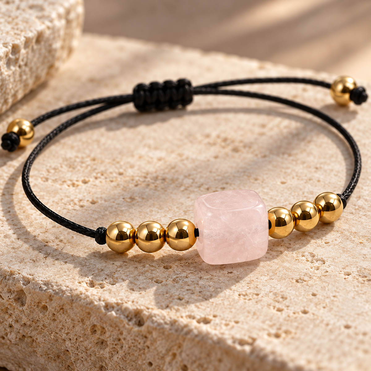 Détail des pierres naturelles et de la finition du bracelet doré en quartz rose 8 mm