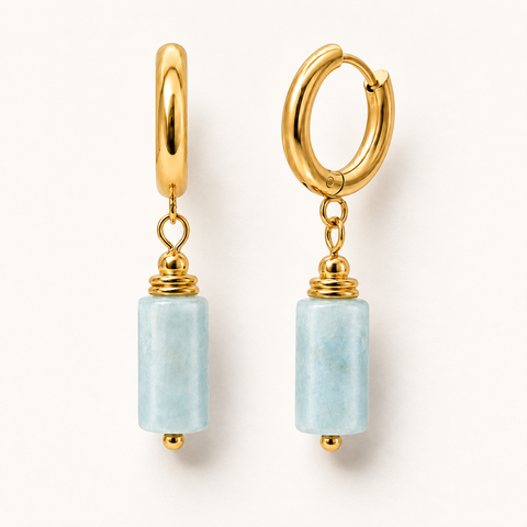 Boucles d'oreilles dorées en aigue-marine naturelle - 36 mm