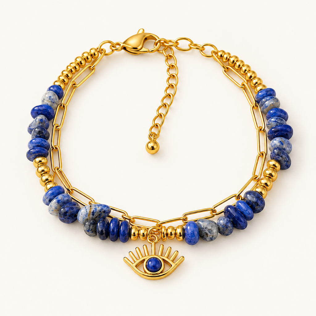 Bracelet Horus doré en sodalite 6 mm sur fond Nacre MilAura