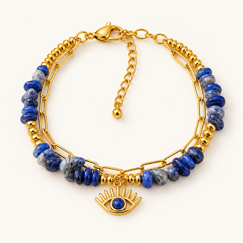Bracelet Horus doré en sodalite 6 mm sur fond Nacre MilAura