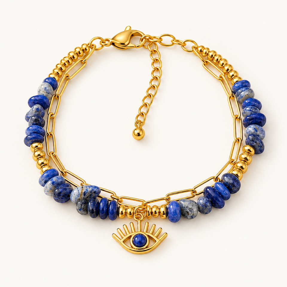 Bracelet Horus doré en sodalite 6 mm sur fond Nacre MilAura