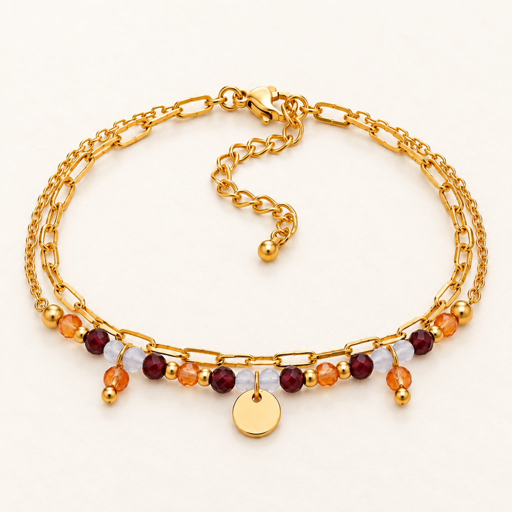 Bracelet Iris doré en aigue-marine, cornaline et grenat 4 mm