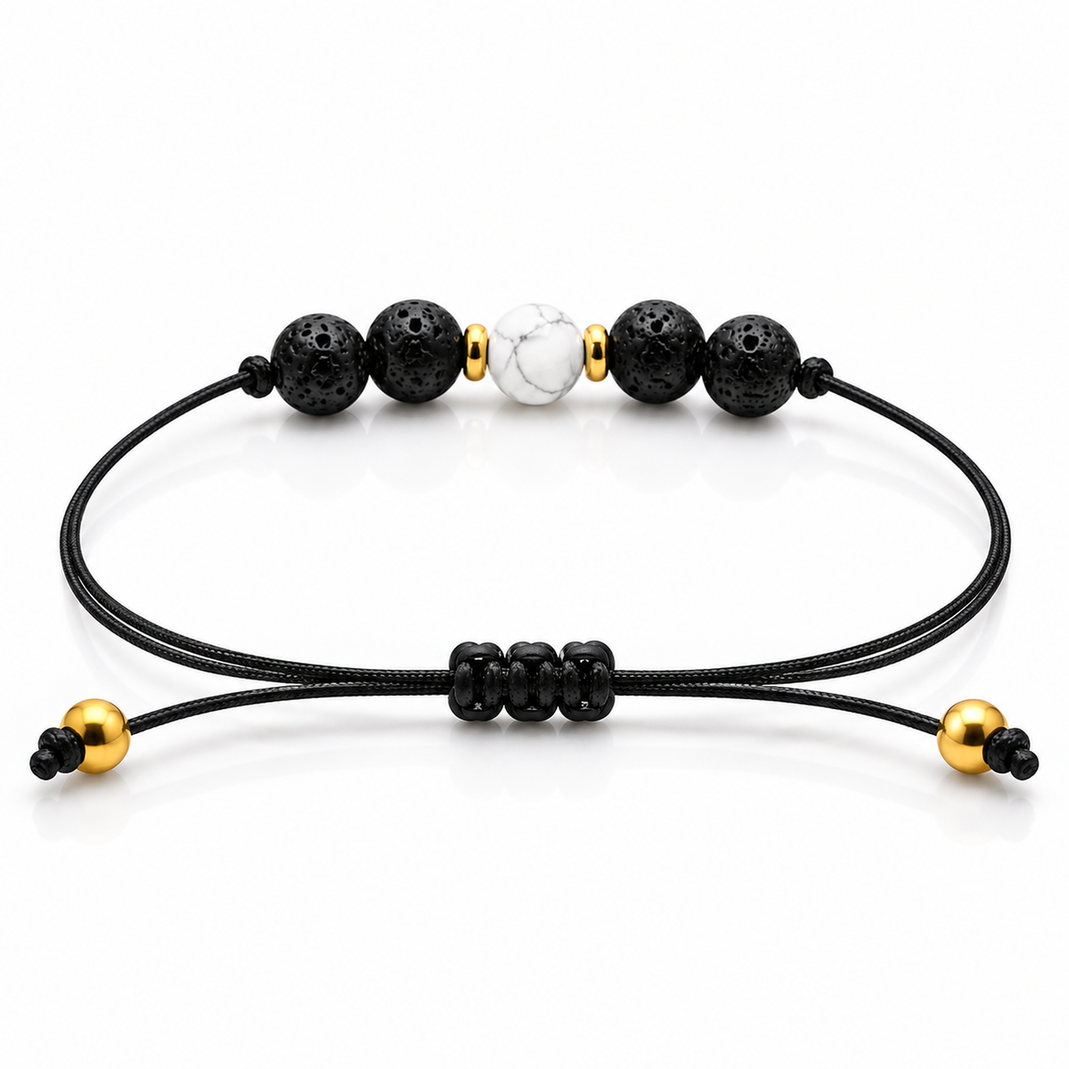 Détail technique du réglage et de la construction du bracelet doré en howlite et pierre de lave 6 mm