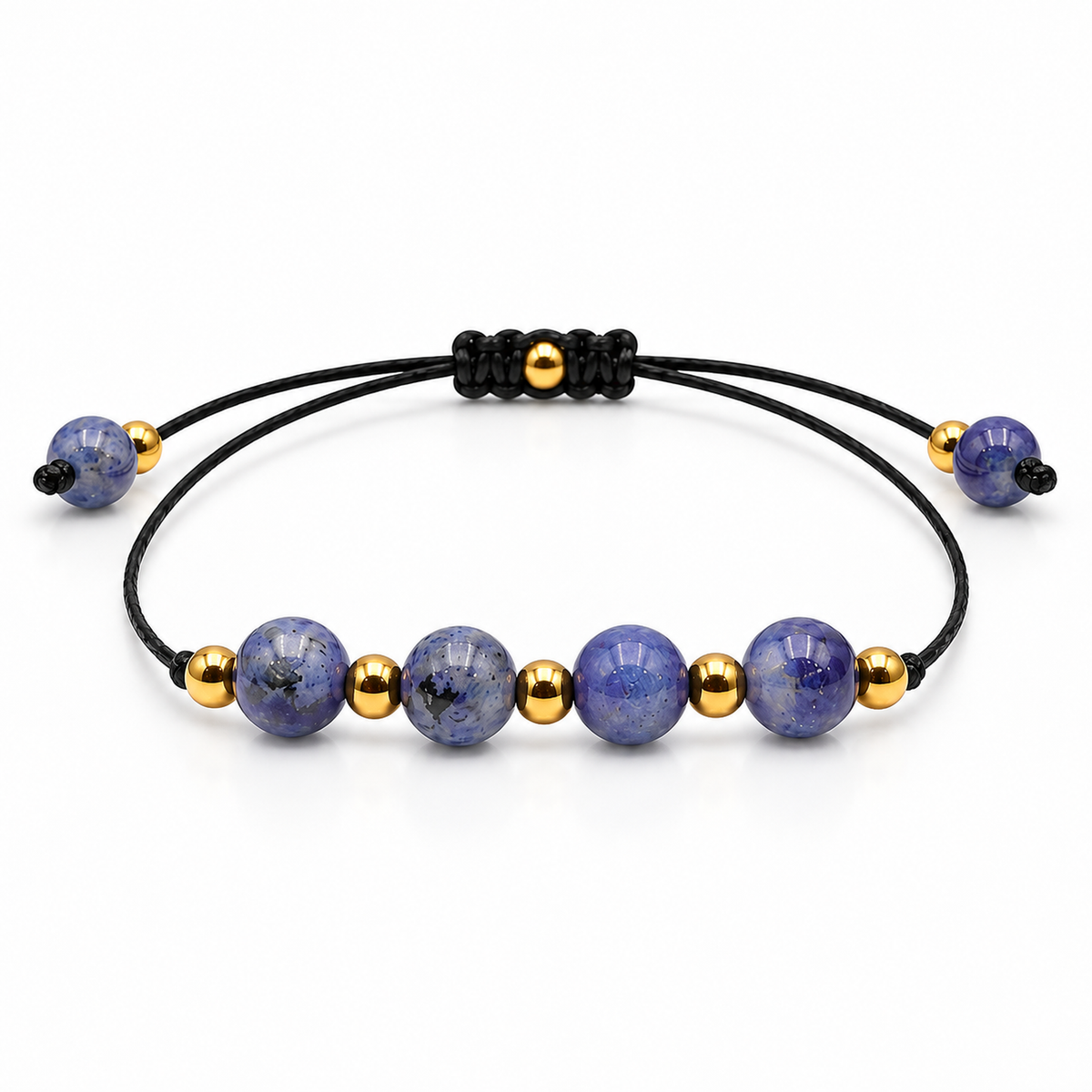 Détail technique du réglage et de la construction du bracelet doré en sodalite 6 mm