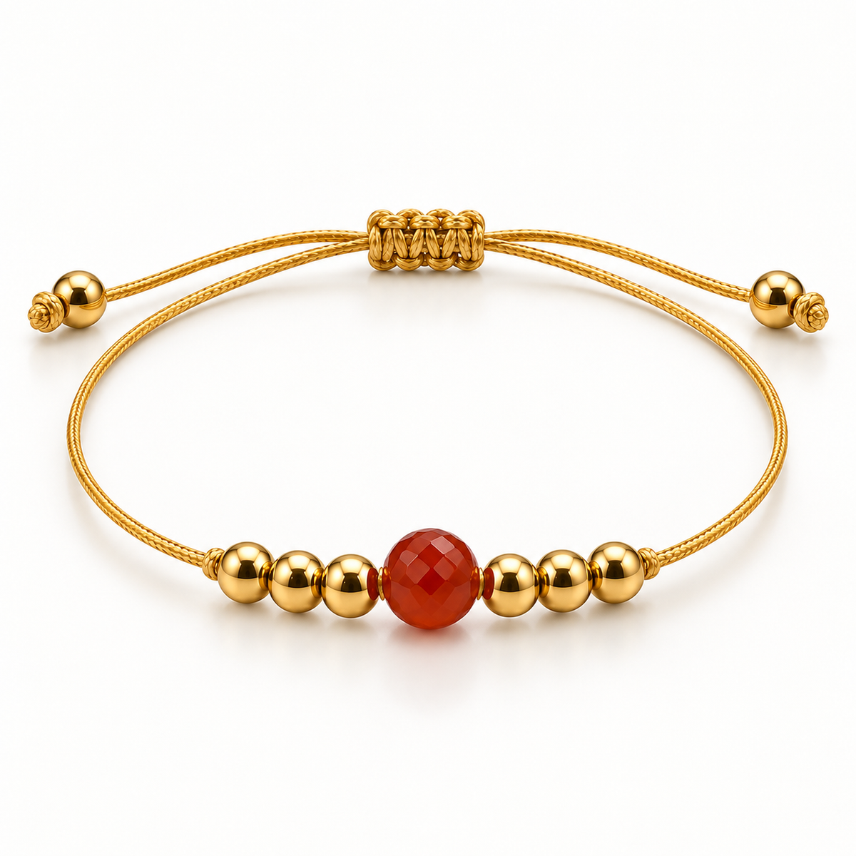 Détail technique du réglage et de la construction du bracelet doré en cornaline 6 mm