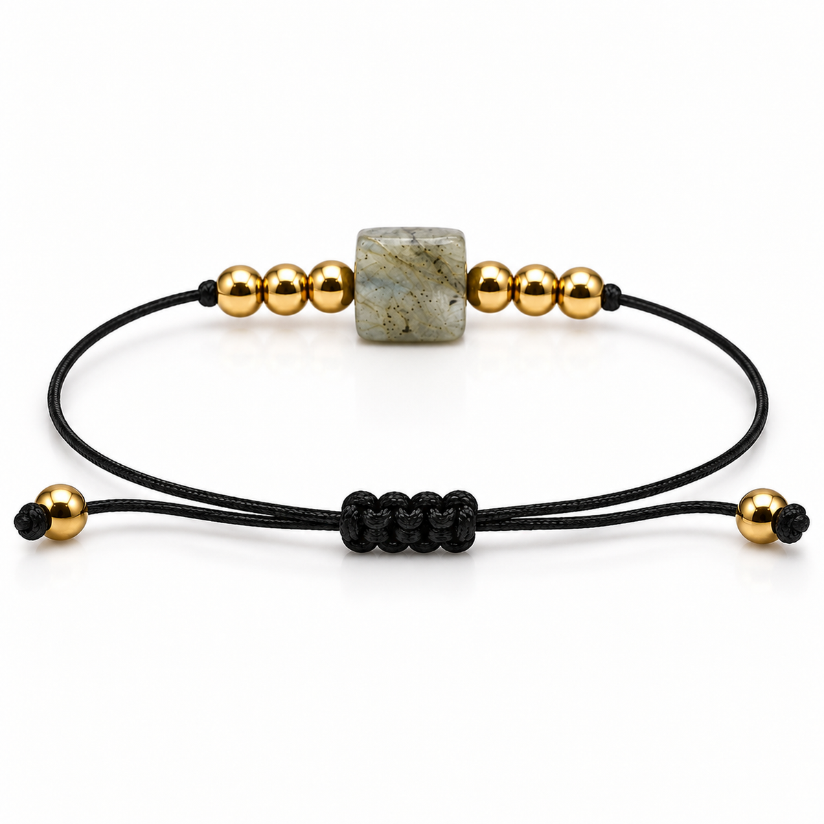 Détail technique du réglage et de la construction du bracelet doré en labradorite 8 mm
