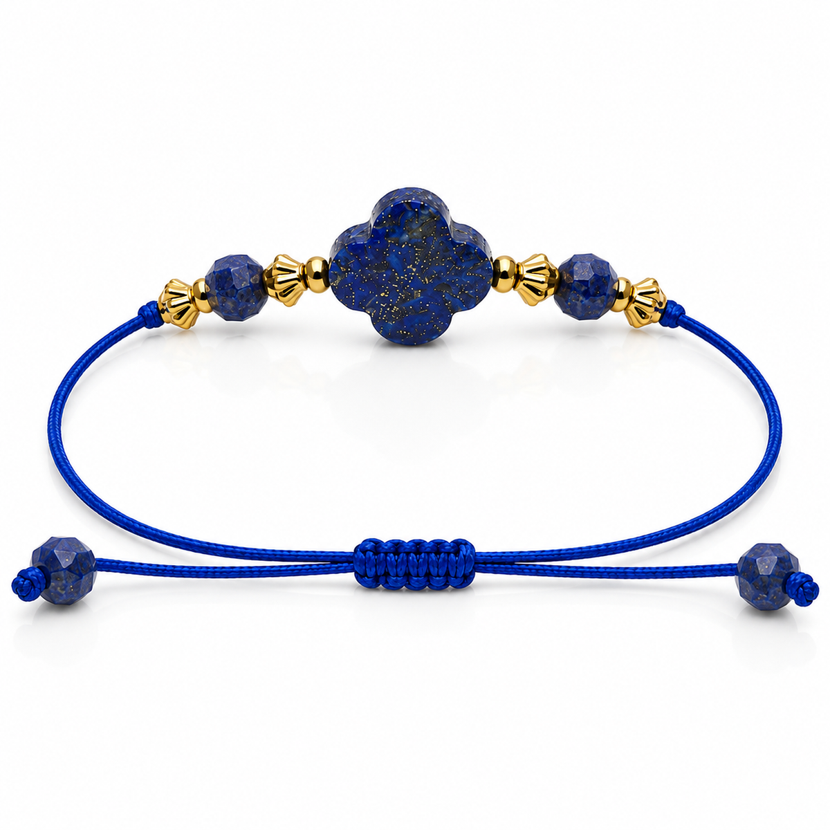 Détail technique du réglage et de la construction du bracelet doré en lapis-lazuli 4 à 12 mm