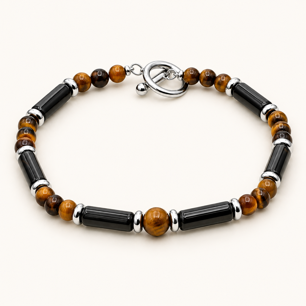 Bracelet Légende en œil de tigre et onyx sur fond Nacre MilAura