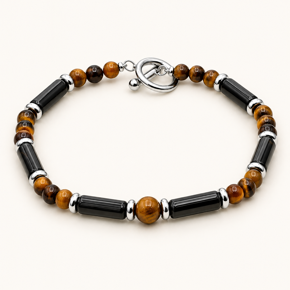 Bracelet Légende en œil de tigre et onyx sur fond Nacre MilAura