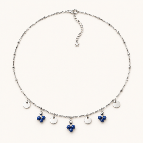Collier argenté en sodalite à pampilles sur fond Nacre MilAura