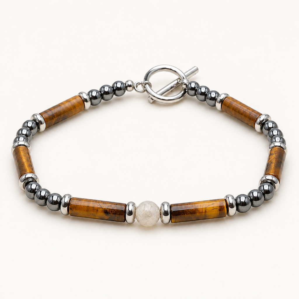 Bracelet Légende en labradorite, œil de tigre et hématite sur fond Nacre MilAura