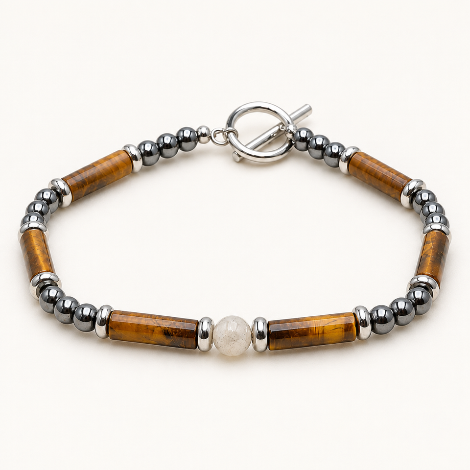 Bracelet Légende en labradorite, œil de tigre et hématite sur fond Nacre MilAura