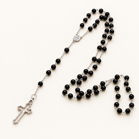 Chapelet en obsidienne noire - Perles de 6 mm sur fond Nacre MilAura