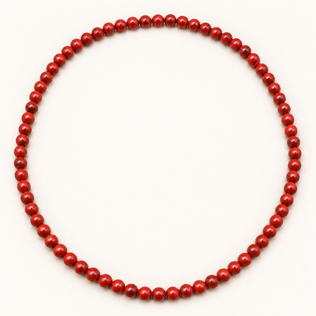 Collier en jaspe rouge 6 mm, 45 cm sur fond Nacre MilAura