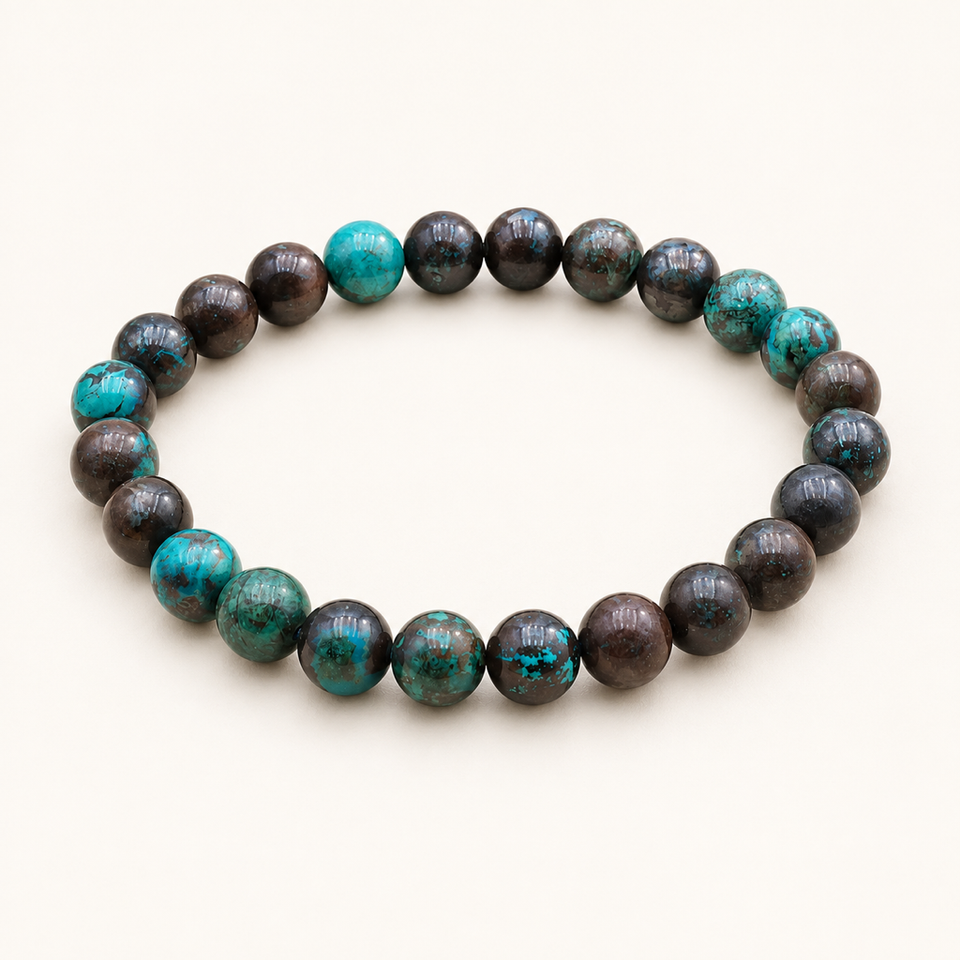 Bracelet en chrysocolle du Congo 8 mm - 16 à 18 cm sur fond Nacre MilAura