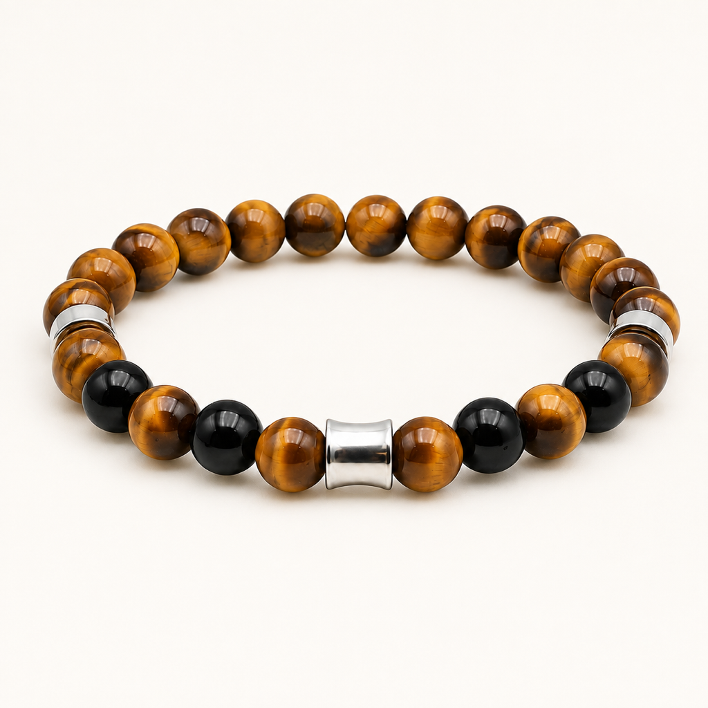 Bracelet Kahel argenté en onyx et œil de tigre sur fond Nacre MilAura