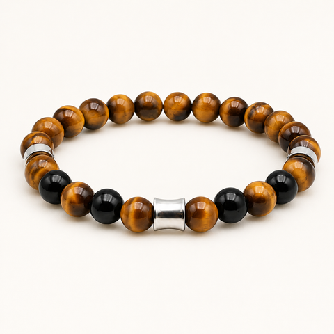 Bracelet Kahel argenté en onyx et œil de tigre sur fond Nacre MilAura