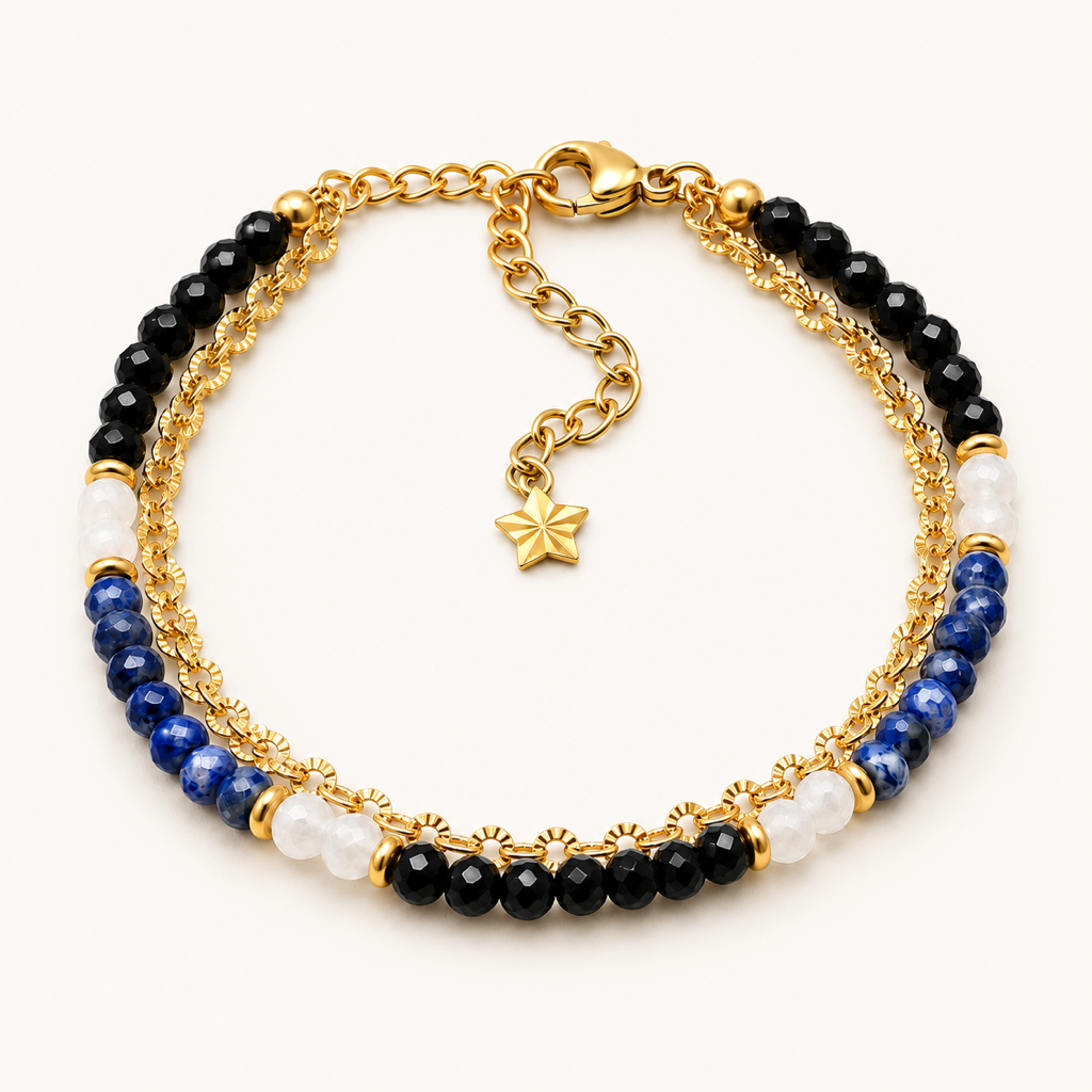 Bracelet doré en lapis-lazuli, spinelle et cristal de roche sur fond Nacre MilAura