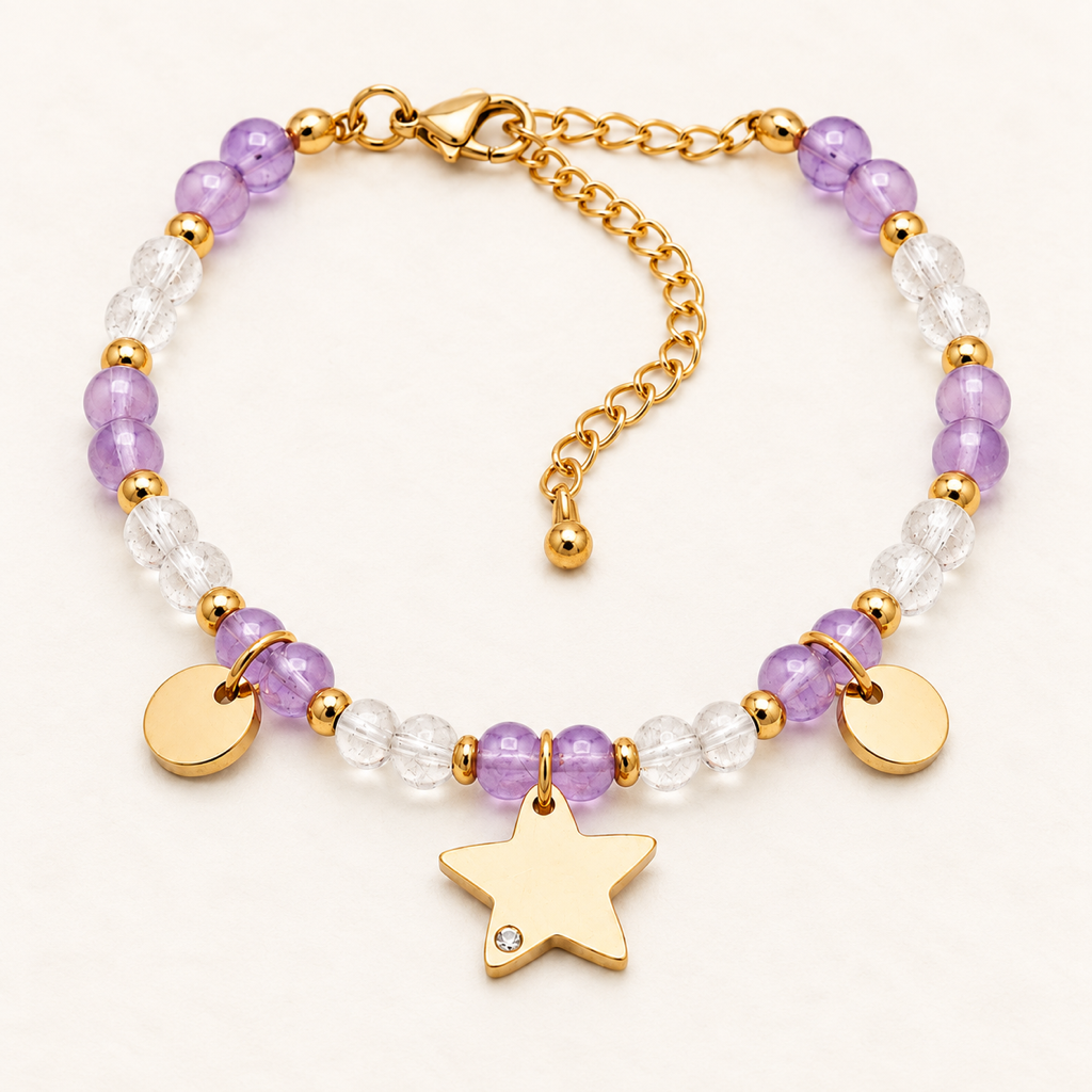 Bracelet Mira doré en améthyste et cristal de roche - 16 à 22 cm