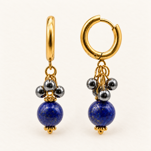 Boucles d'oreilles Ornel dorées en hématite et lapis-lazuli - 35 mm