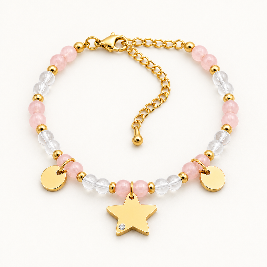 Bracelet Mira doré en quartz rose et cristal de roche sur fond Nacre MilAura