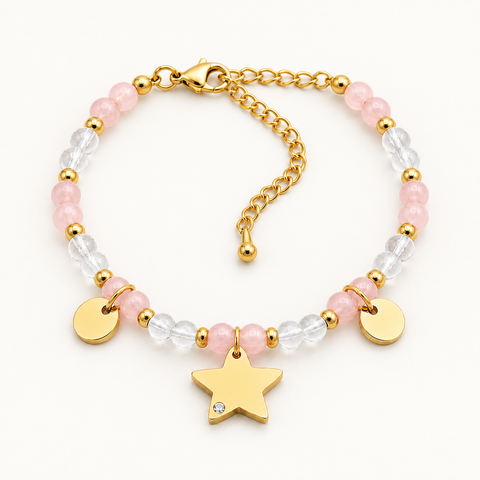 Bracelet Mira doré en quartz rose et cristal de roche sur fond Nacre MilAura