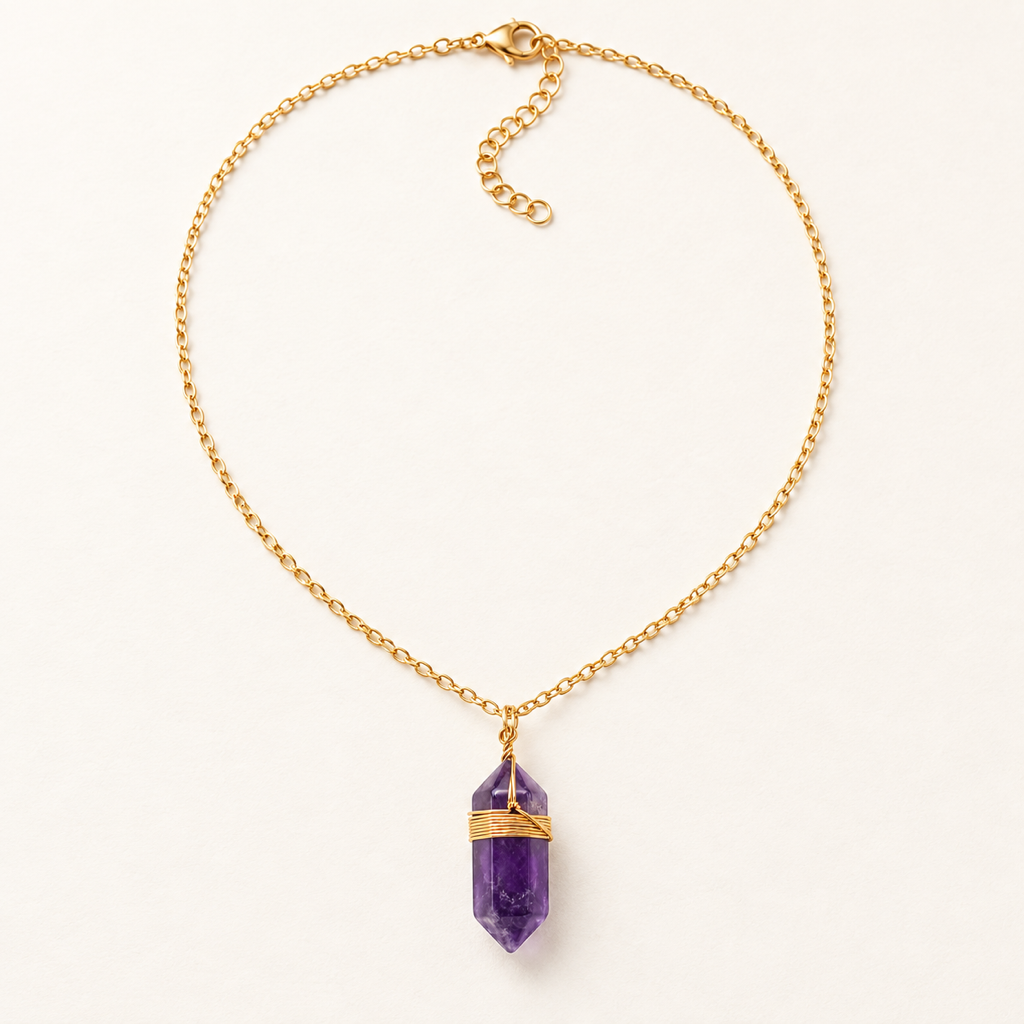Collier boho doré en améthyste - 38 à 43 cm