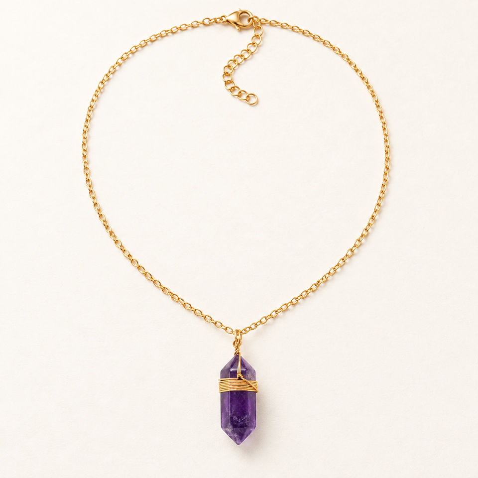 Collier boho doré en améthyste - 38 à 43 cm