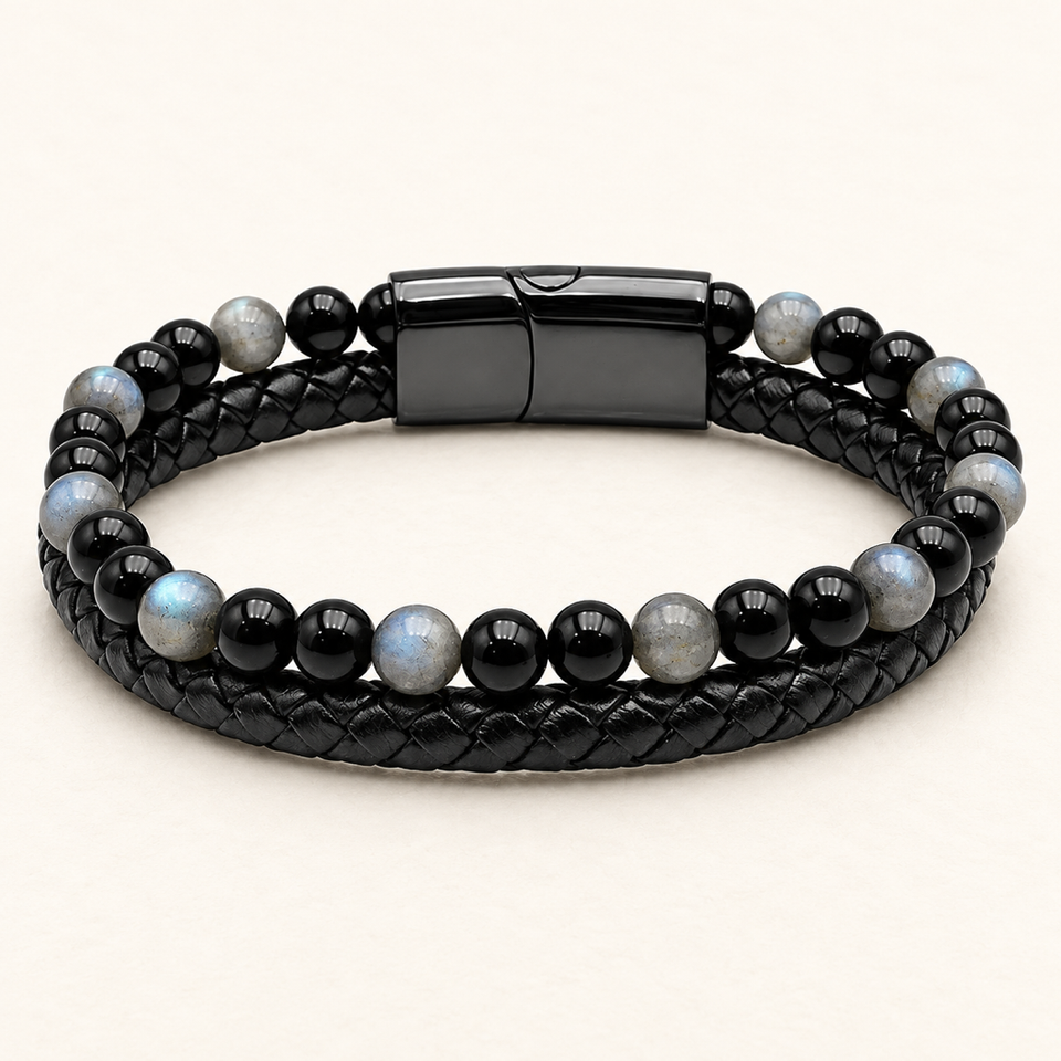 Bracelet Aska noir en labradorite et onyx 6 mm